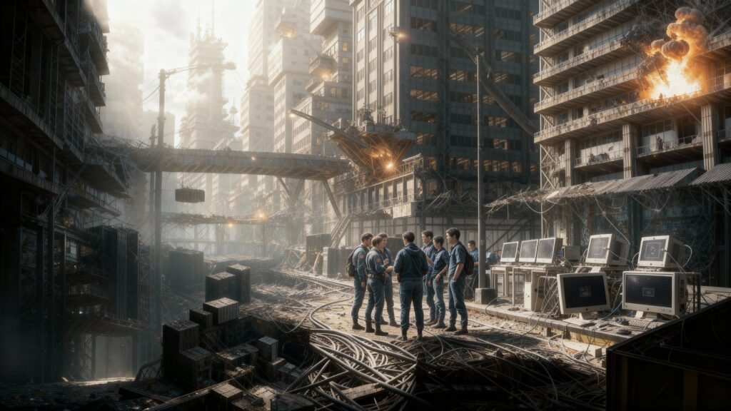 Damage to undersea cables, data centers, and internet satellites due to war, natural disasters, or sabotage will soon bring the global internet to a standstill. Large-scale attacks on DNS servers or cloud providers will simultaneously shut down millions of services. Computers will grind to a halt. To the extent that humans themselves have willed this, they will lead a different life, with communication on a smaller scale than before. A slower industry and a life closer to nature. dystopian futuristic