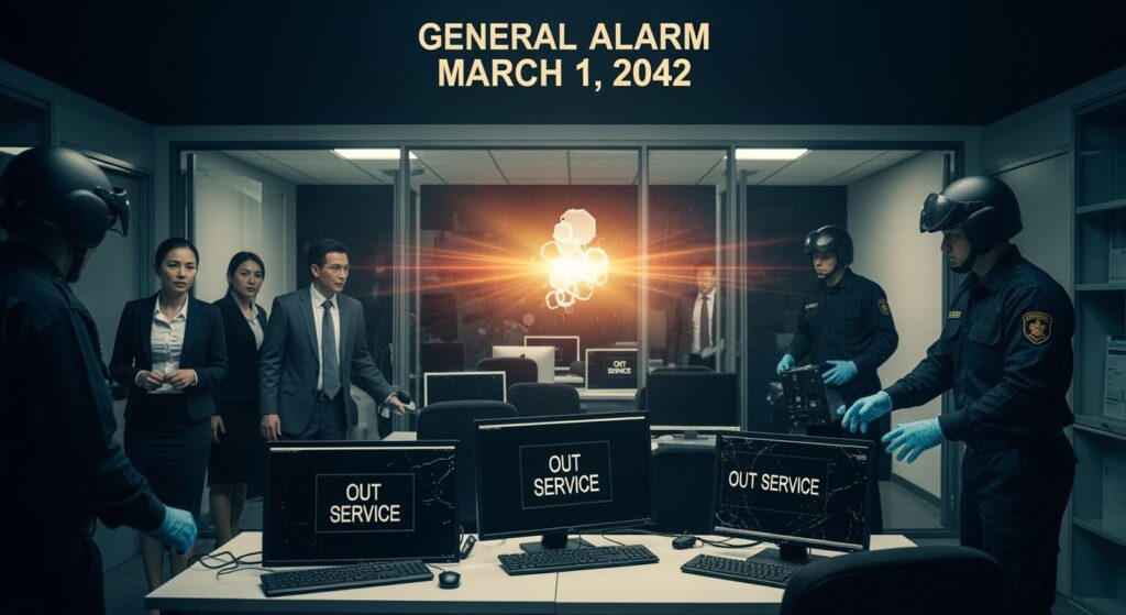 The Day the Internet Went Down: Office workers arrive at the office to find a general alarm going off. A calendar on the wall announces March 1, 2042. Men and women want to get to work, but their computers are malfunctioning. Worse still: the Internet has ceased to exist. Screens of still-burning computers show the message: "out of service". Security guards, with helmets and gloves, are walking around removing computers and other equipment to put them on a trolley. Office life has descended into chaos. People are at their wits' end, unsure what to do. Cinematic film still, shot on v-raptor XL, film grain, vignette, color graded, post-processed, cinematic lighting, 35mm film, live-action, best quality, atmospheric, a masterpiece, epic, stunning, dramatic