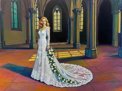 Wedding clothes – a 3 meter (118 inch) train is in